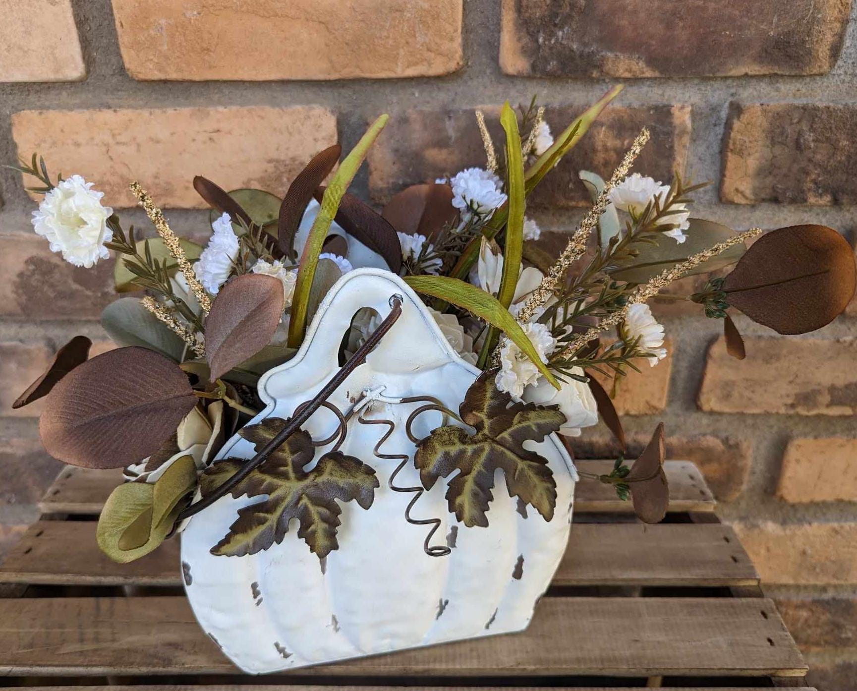 Wood Flowers Floral Arrangement for Fall, Thanksgiving Table Centerpiece, Cream Pumpkin Floral Arrangement, Fall Home Decor