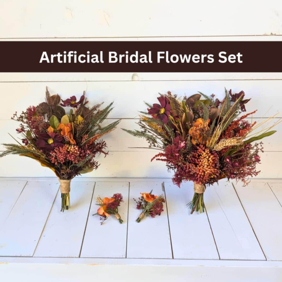 Fall Artificial Wedding Bouquets and Boutonnieres Set, Bridal Flowers Set, Bridal Bouquet, Bridesmaid Bouquet, Fake Wedding Flowers