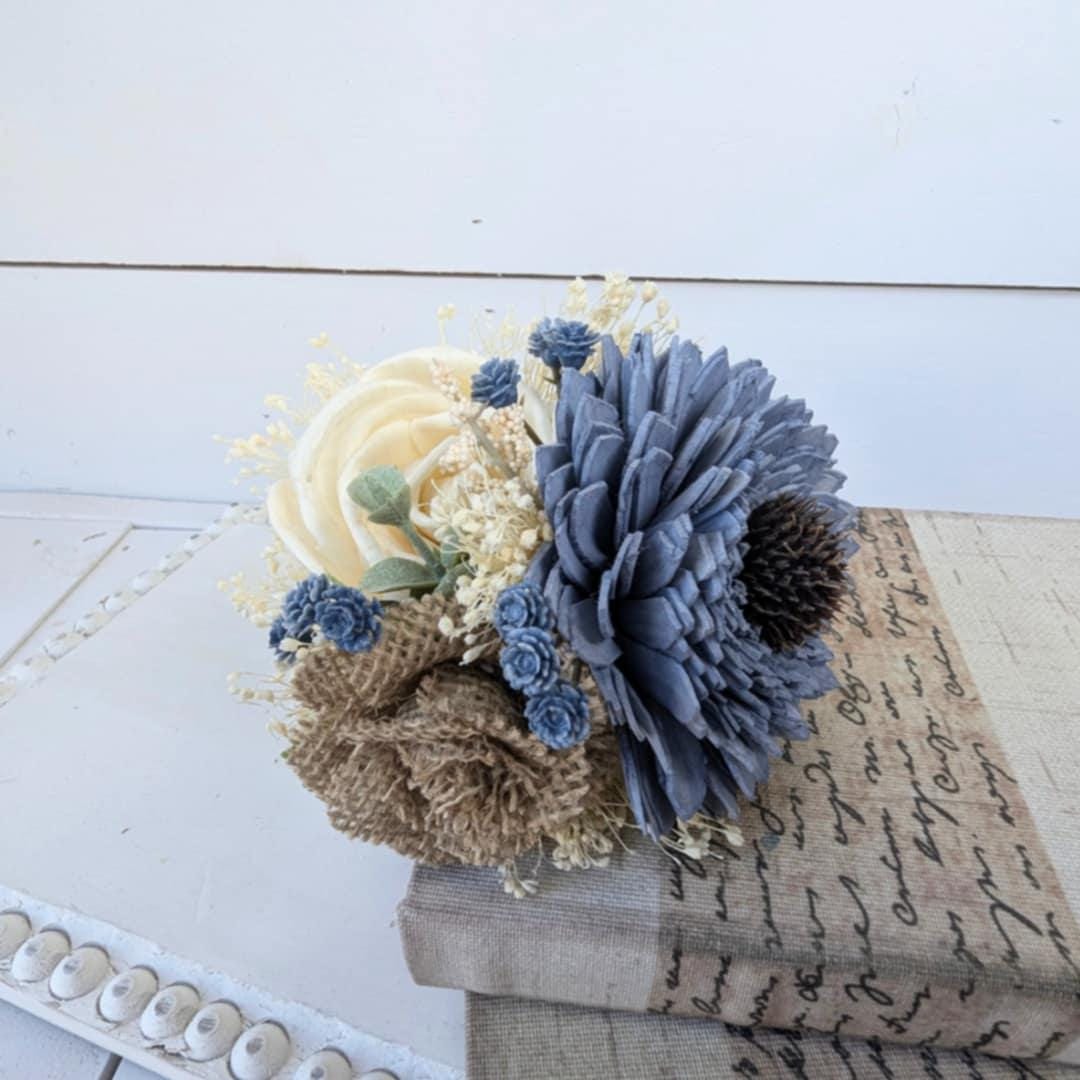 Small Wood Flower Bouquet with Slate Blue and Burlap, Toss Bouquet for Bride, Wooden Flower Girl Bouquet, Elopement Bouquet