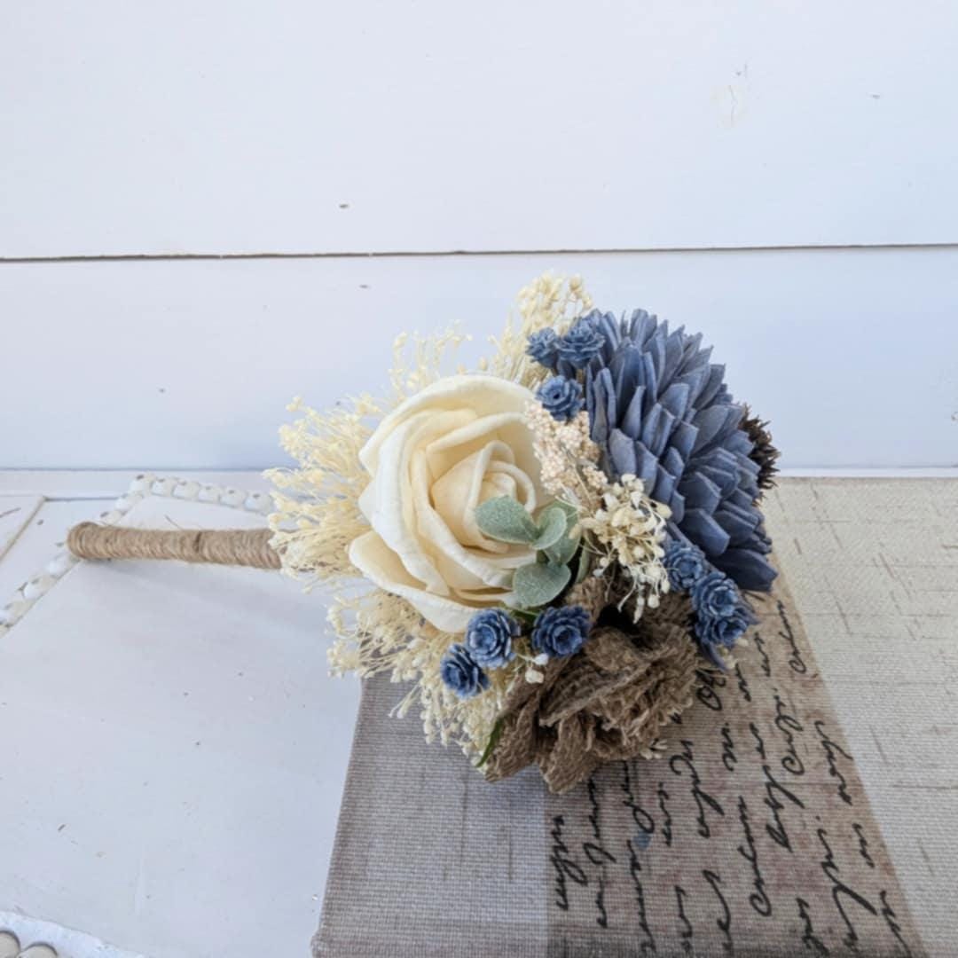 Small Wood Flower Bouquet with Slate Blue and Burlap, Toss Bouquet for Bride, Wooden Flower Girl Bouquet, Elopement Bouquet