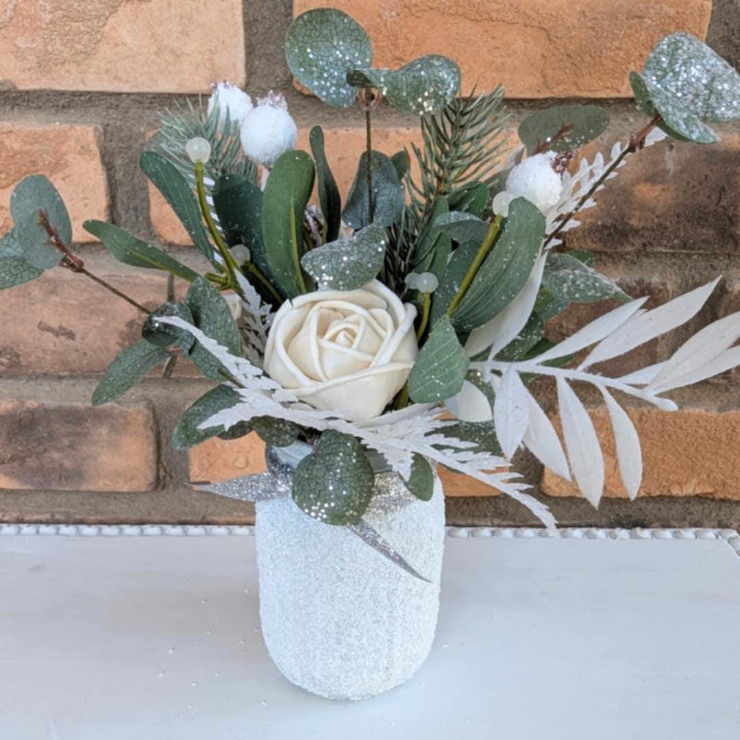 Holiday Wood Flower Mason Jar Arrangement, Christmas Centerpiece, Holiday Hostess Gift, Wooden Flower Table Centerpiece, Festive Florals
