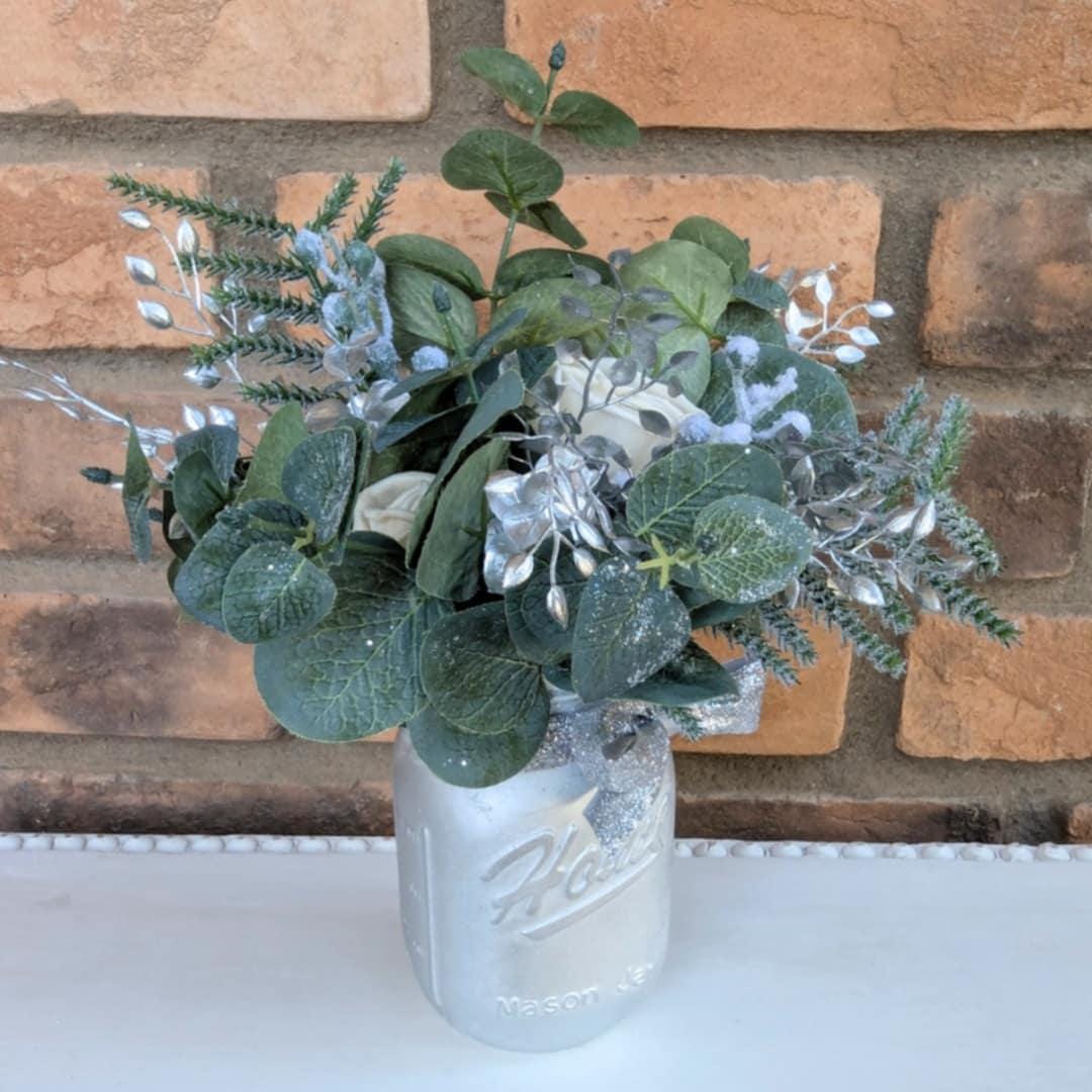 Holiday Wood Flower Mason Jar Arrangement, Silver Christmas Centerpiece, Holiday Hostess Gift, Festive Wooden Flower Table Centerpiece