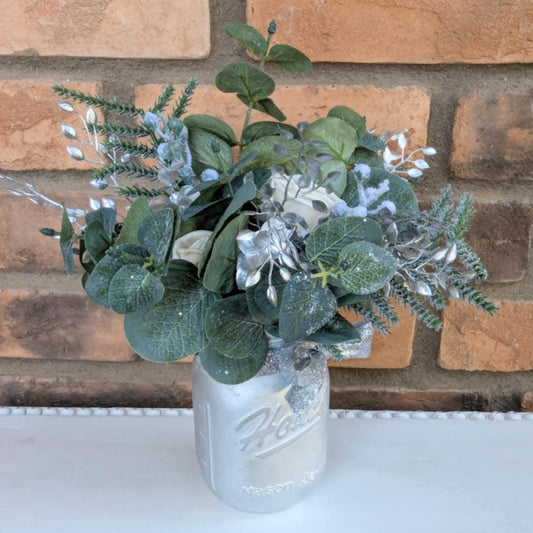 Holiday Wood Flower Mason Jar Arrangement, Silver Christmas Centerpiece, Holiday Hostess Gift, Festive Wooden Flower Table Centerpiece