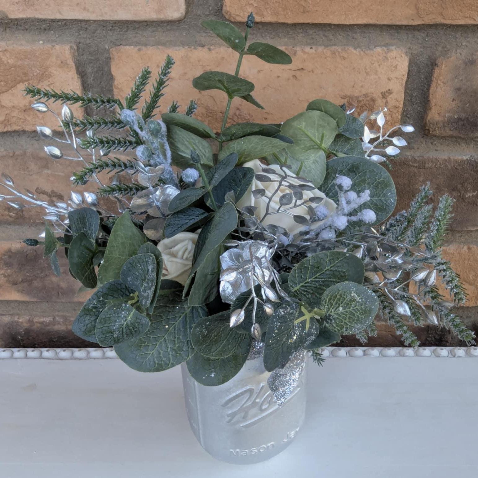 Holiday Wood Flower Mason Jar Arrangement, Silver Christmas Centerpiece, Holiday Hostess Gift, Festive Wooden Flower Table Centerpiece