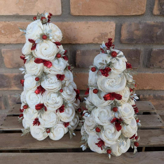 Red Glitter Christmas Tree Decor with Wood Flowers, Holiday Christmas Decor, Winter Centerpiece, Christmas Table Centerpiece, Shelf Decor