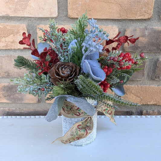Holiday Pine Cone Flower Mason Jar Arrangement, Christmas Centerpiece, Holiday Hostess Gift, Festive Flower Table Centerpiece