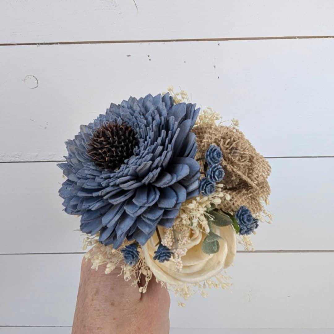 Small Wood Flower Bouquet with Slate Blue and Burlap, Toss Bouquet for Bride, Wooden Flower Girl Bouquet, Elopement Bouquet