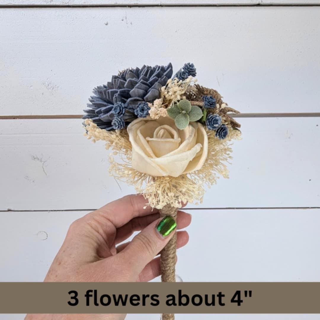 Small Wood Flower Bouquet with Slate Blue and Burlap, Toss Bouquet for Bride, Wooden Flower Girl Bouquet, Elopement Bouquet