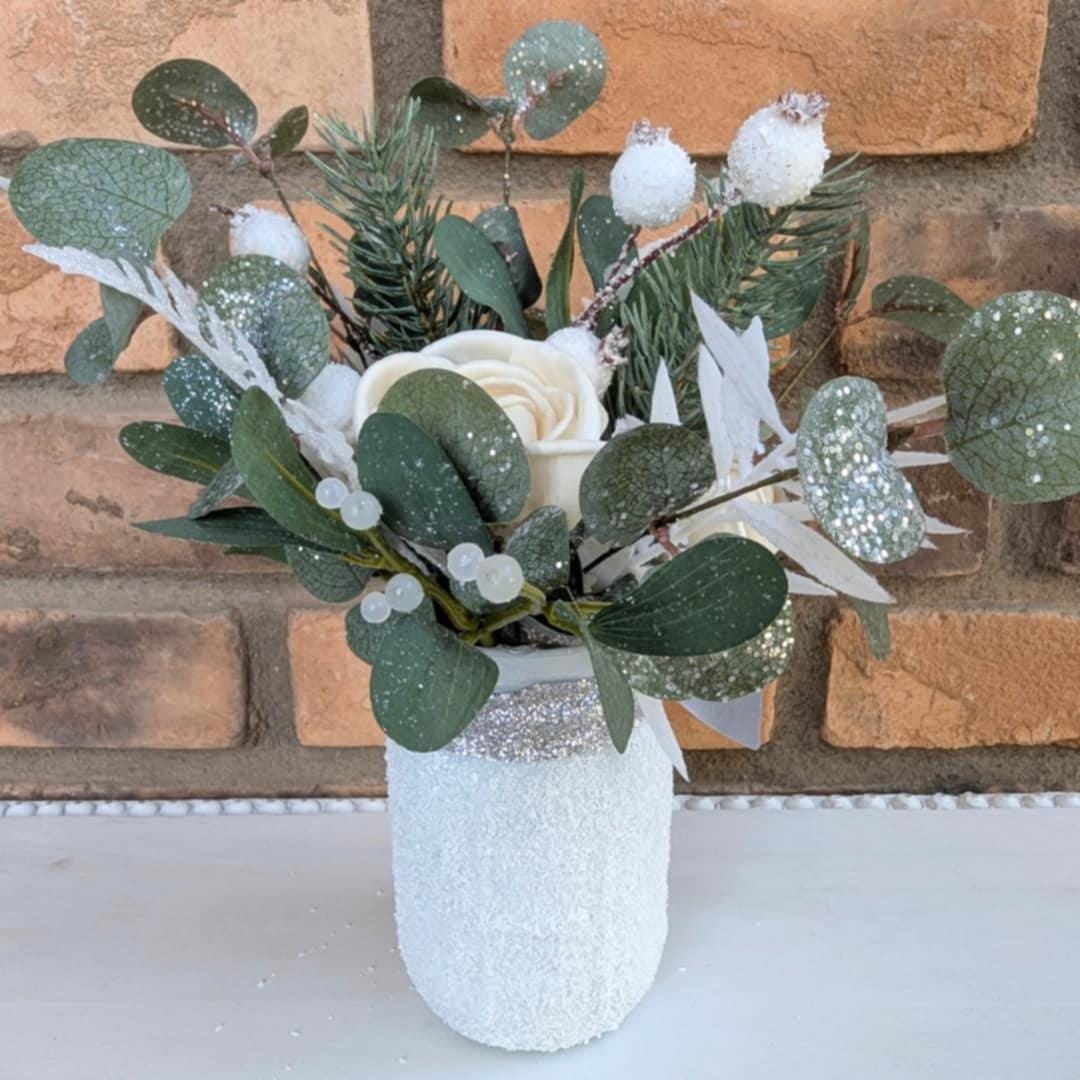 Holiday Wood Flower Mason Jar Arrangement, Christmas Centerpiece, Holiday Hostess Gift, Wooden Flower Table Centerpiece, Festive Florals
