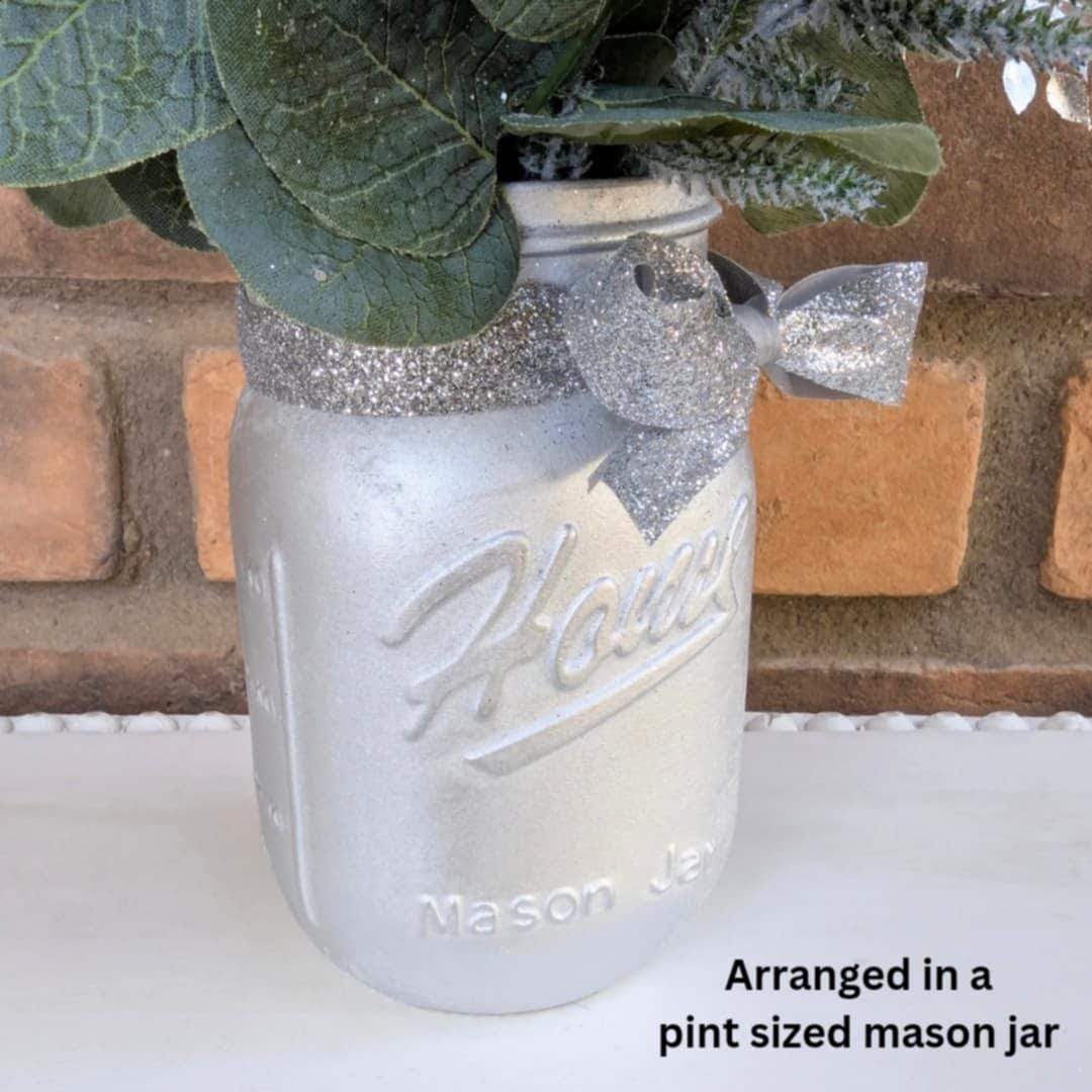 Holiday Wood Flower Mason Jar Arrangement, Silver Christmas Centerpiece, Holiday Hostess Gift, Festive Wooden Flower Table Centerpiece