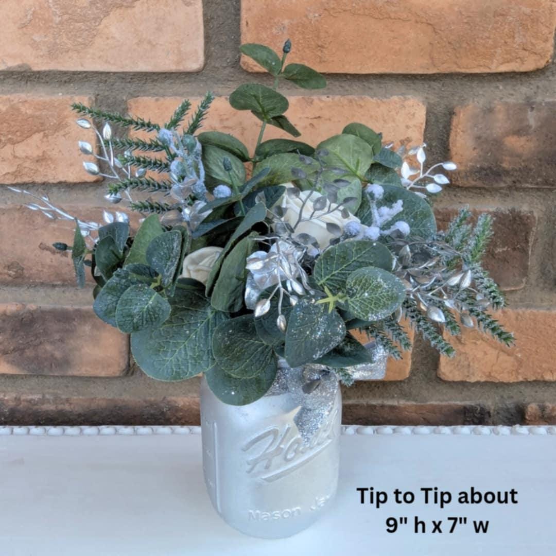 Holiday Wood Flower Mason Jar Arrangement, Silver Christmas Centerpiece, Holiday Hostess Gift, Festive Wooden Flower Table Centerpiece