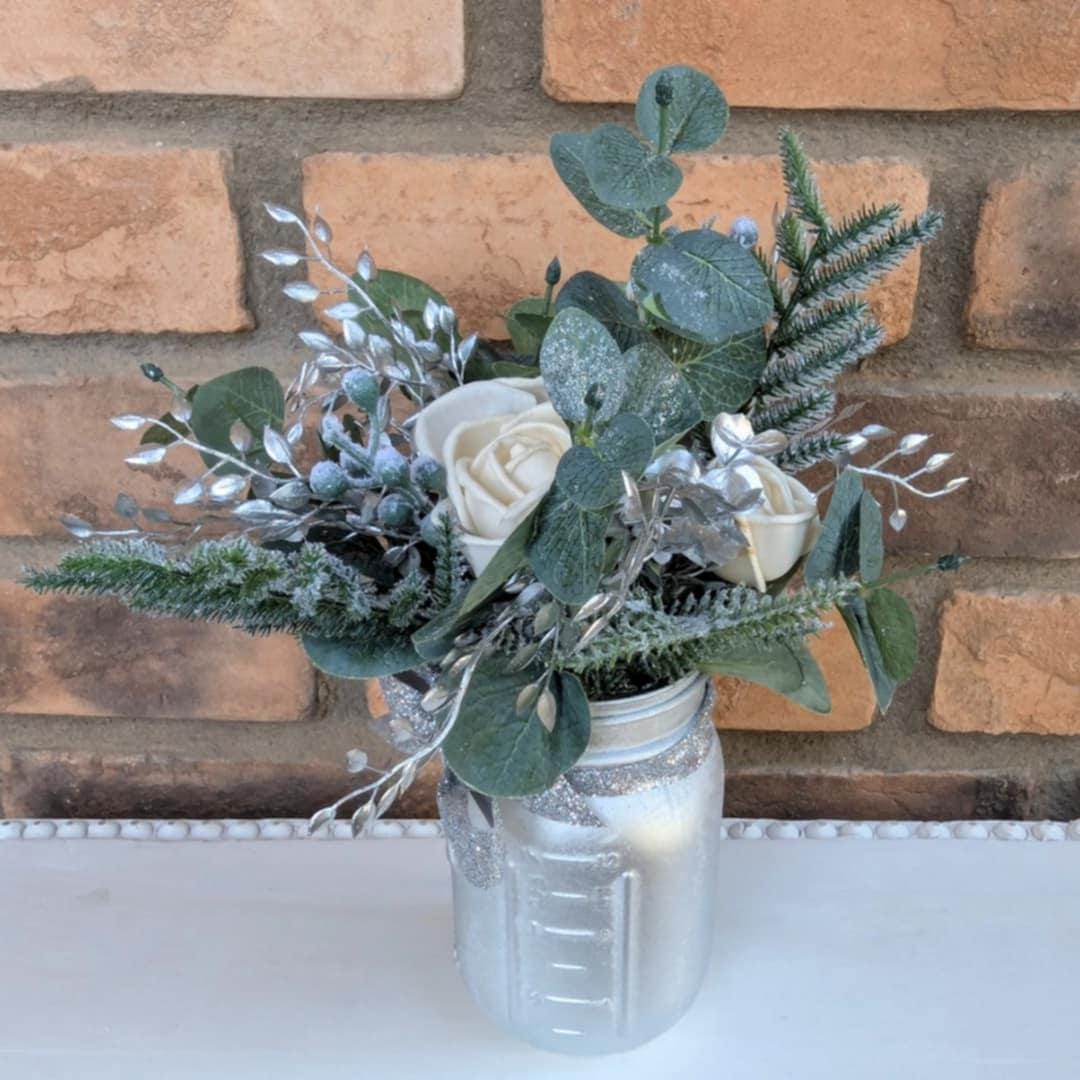 Holiday Wood Flower Mason Jar Arrangement, Silver Christmas Centerpiece, Holiday Hostess Gift, Festive Wooden Flower Table Centerpiece