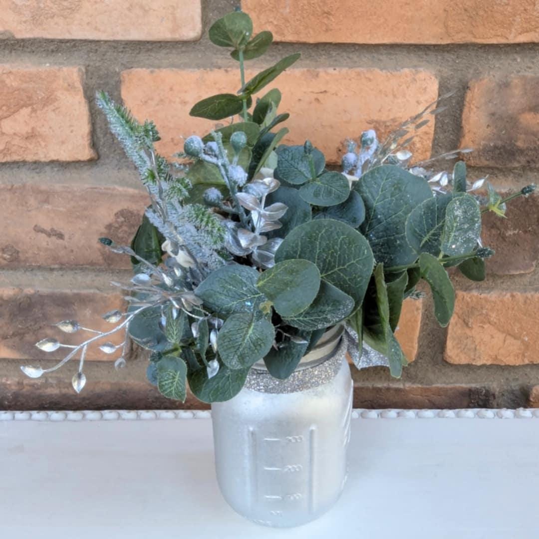 Holiday Wood Flower Mason Jar Arrangement, Silver Christmas Centerpiece, Holiday Hostess Gift, Festive Wooden Flower Table Centerpiece