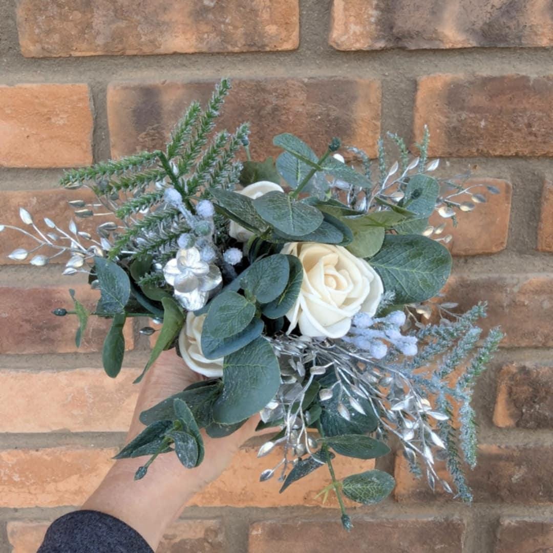 Holiday Wood Flower Mason Jar Arrangement, Silver Christmas Centerpiece, Holiday Hostess Gift, Festive Wooden Flower Table Centerpiece