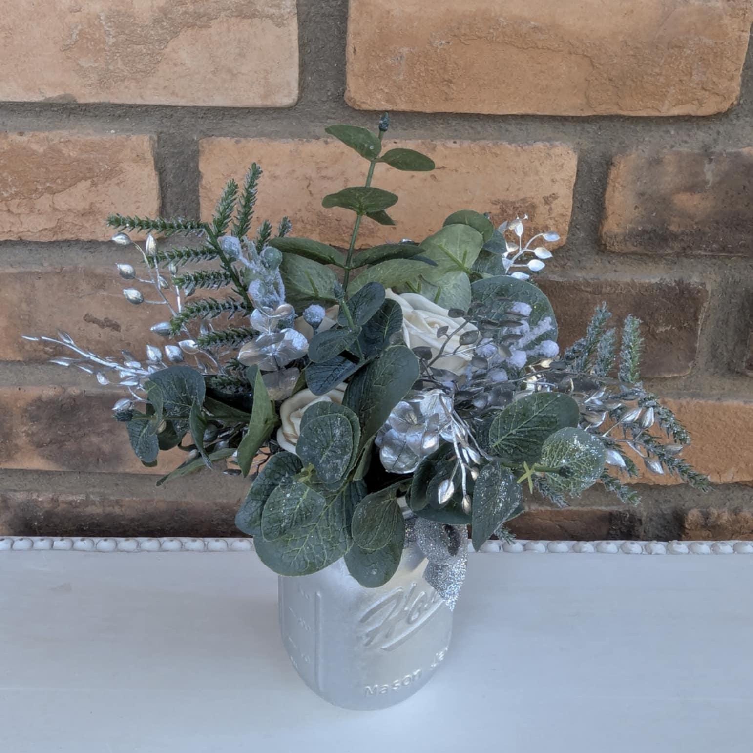 Holiday Wood Flower Mason Jar Arrangement, Silver Christmas Centerpiece, Holiday Hostess Gift, Festive Wooden Flower Table Centerpiece