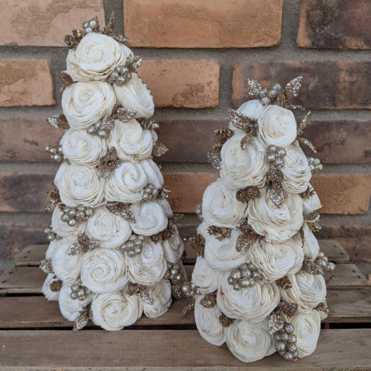 Champagne Gold Christmas Tree Decor with Wood Flowers, Holiday Christmas Decor, Winter Centerpiece, Christmas Table Centerpiece, Shelf Decor
