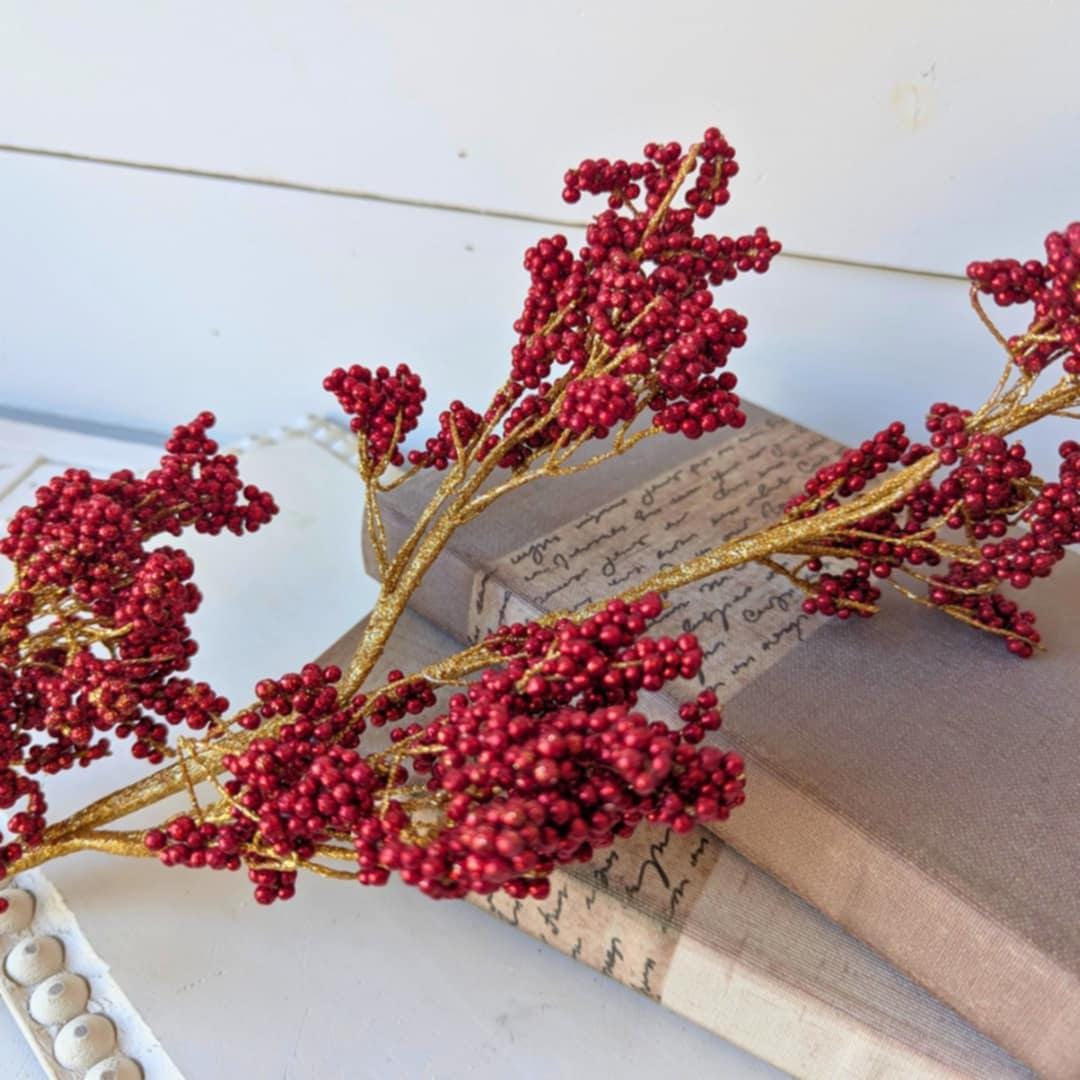 Red Sparkle Berries for Holiday Floral Arranging or Christmas Tree, Red Glitter Filler for Crafting, Red and Gold DIY Floral Arrangement