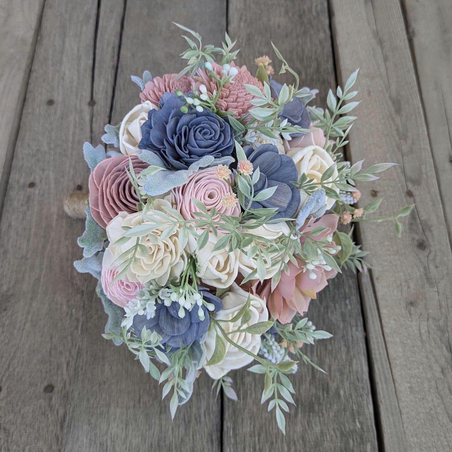 Artificial Wedding Bouquet, Slate Blue Dusty Blue Bridal Bouquet with Wood Flowers, Sola Wood Flower Bouquet, Wedding Elopement Bouquet