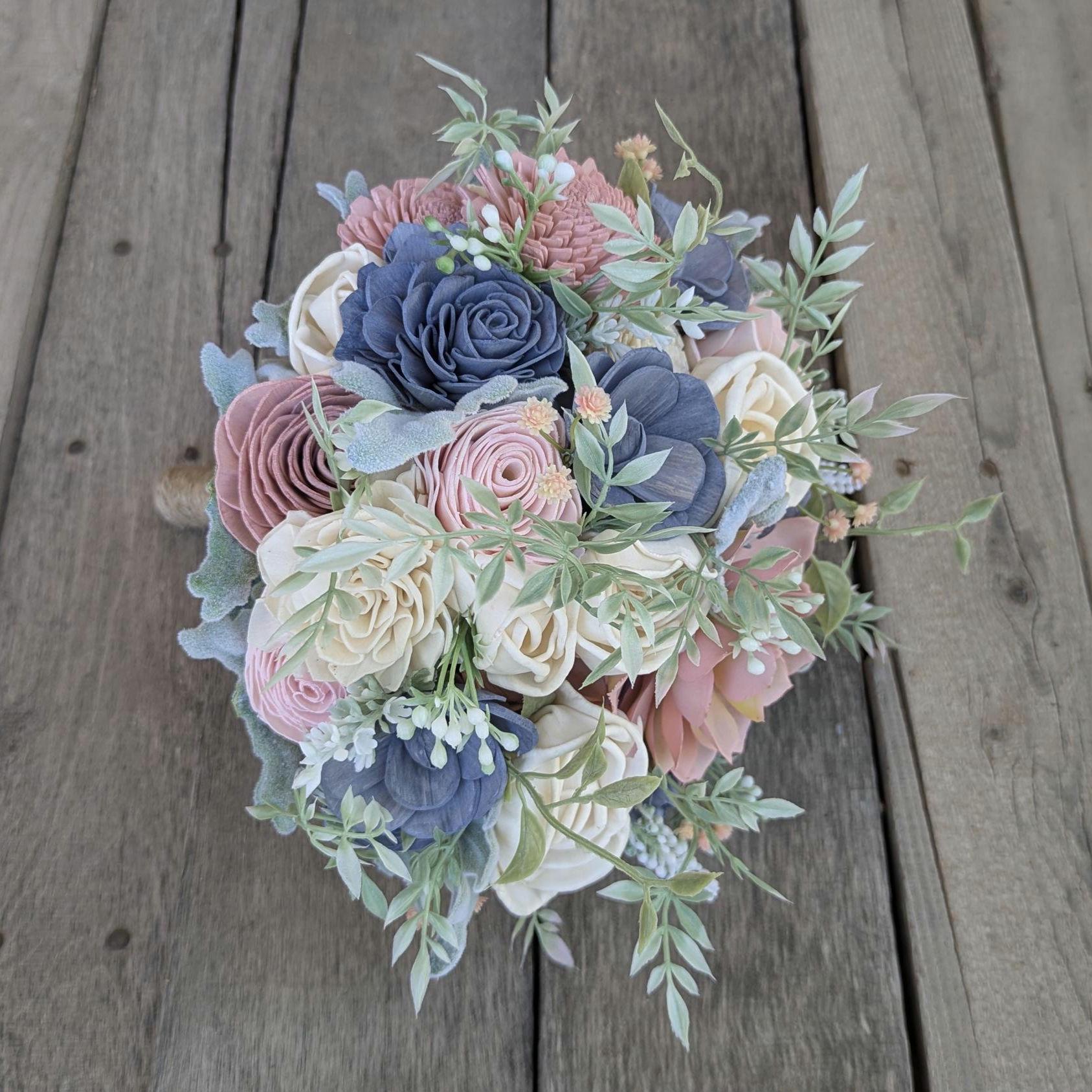 Artificial Wedding Bouquet, Slate Blue Dusty Blue Bridal Bouquet with Wood Flowers, Sola Wood Flower Bouquet, Wedding Elopement Bouquet