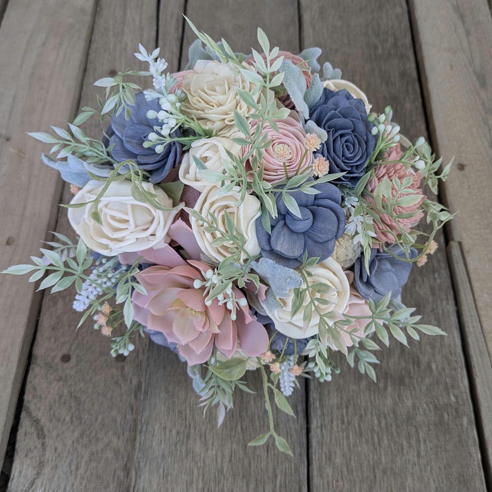Artificial Wedding Bouquet, Slate Blue Dusty Blue Bridal Bouquet with Wood Flowers, Sola Wood Flower Bouquet, Wedding Elopement Bouquet