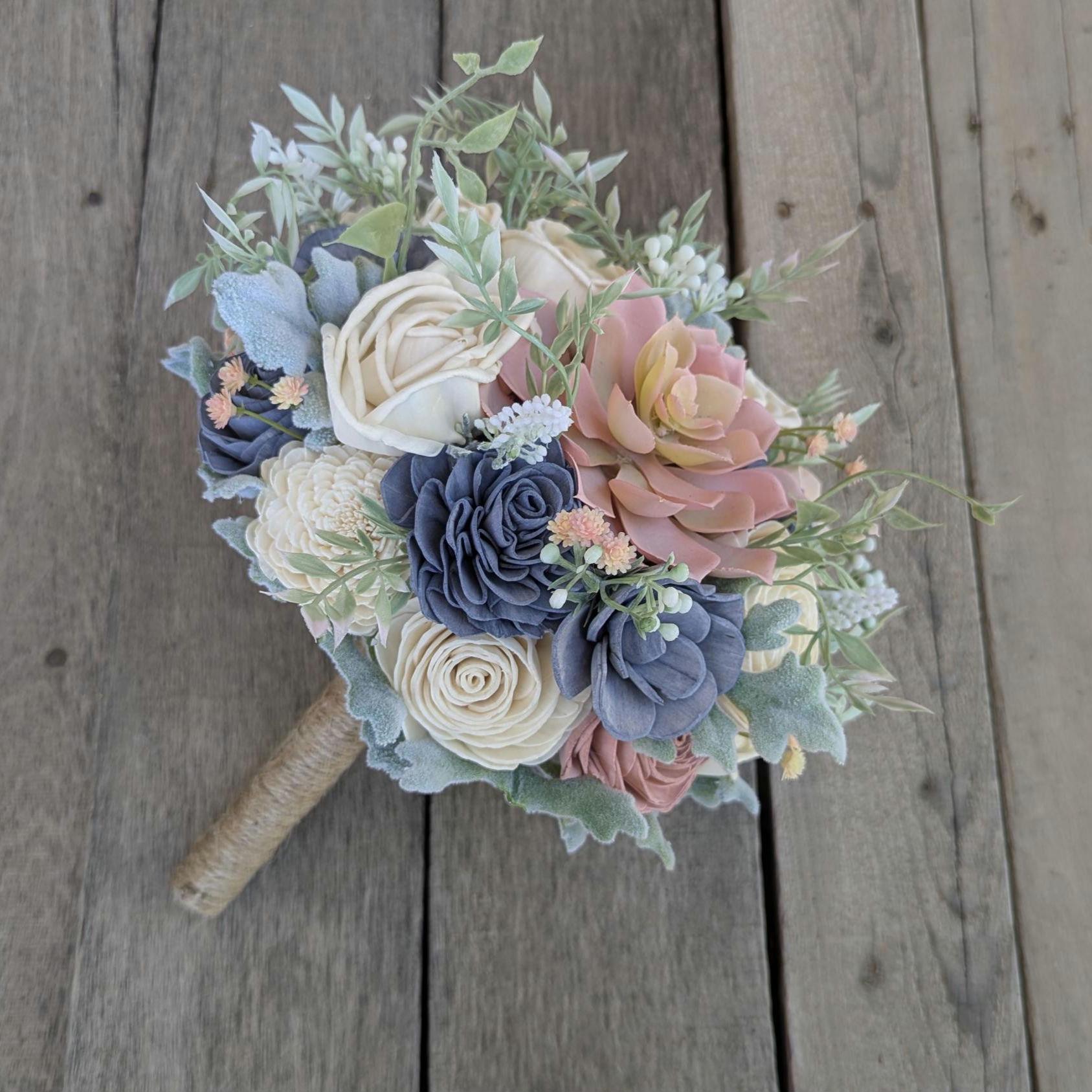 Artificial Wedding Bouquet, Slate Blue Dusty Blue Bridal Bouquet with Wood Flowers, Sola Wood Flower Bouquet, Wedding Elopement Bouquet