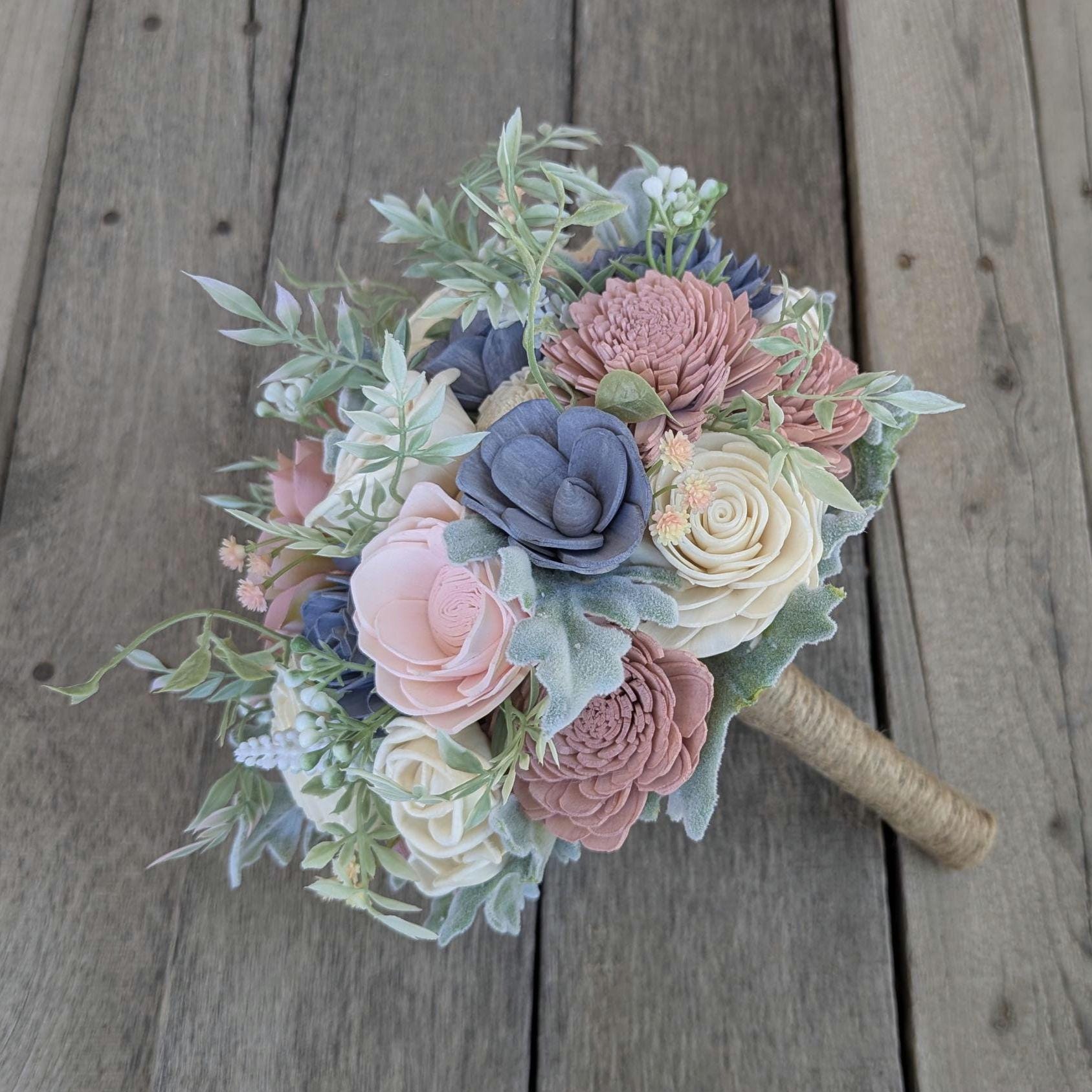 Artificial Wedding Bouquet, Slate Blue Dusty Blue Bridal Bouquet with Wood Flowers, Sola Wood Flower Bouquet, Wedding Elopement Bouquet