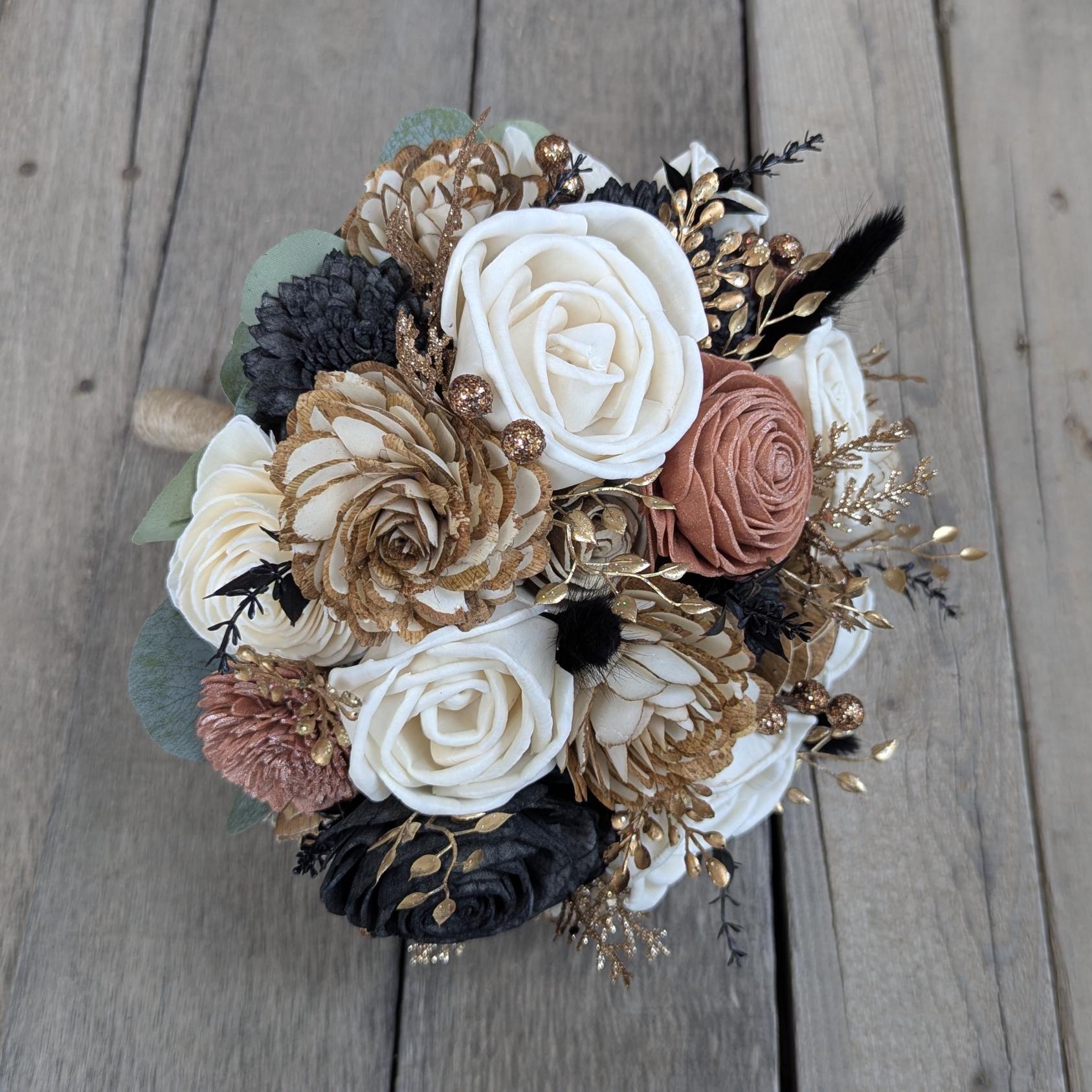 Rose Gold and Black Wedding Bouquet, Wood Flower Bouquet, New Years Wedding Flowers, Glitter Bouquet, Sola Wood Flowers Bridal Bouquet