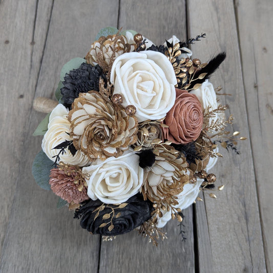 Rose Gold and Black Wedding Bouquet, Wood Flower Bouquet, New Years Wedding Flowers, Glitter Bouquet, Sola Wood Flowers Bridal Bouquet