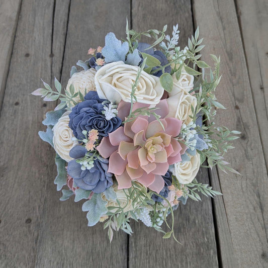 Artificial Wedding Bouquet, Slate Blue Dusty Blue Bridal Bouquet with Wood Flowers, Sola Wood Flower Bouquet, Wedding Elopement Bouquet