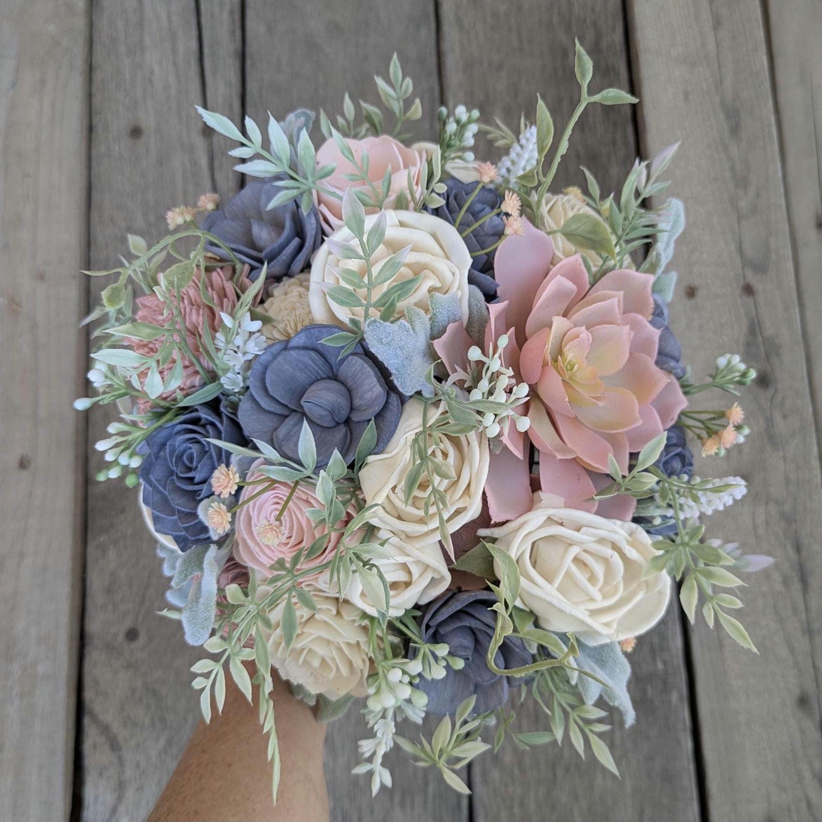 Artificial Wedding Bouquet, Slate Blue Dusty Blue Bridal Bouquet with Wood Flowers, Sola Wood Flower Bouquet, Wedding Elopement Bouquet