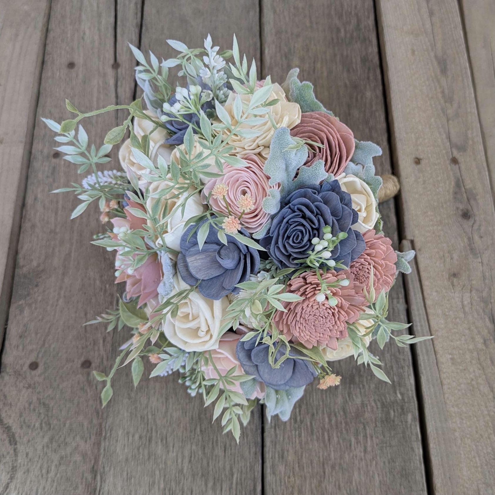 Artificial Wedding Bouquet, Slate Blue Dusty Blue Bridal Bouquet with Wood Flowers, Sola Wood Flower Bouquet, Wedding Elopement Bouquet