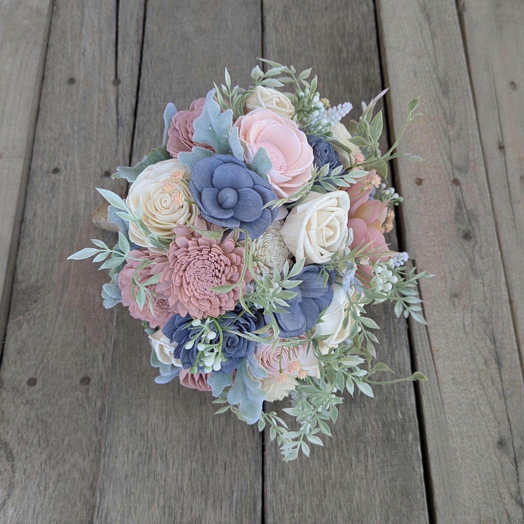 Artificial Wedding Bouquet, Slate Blue Dusty Blue Bridal Bouquet with Wood Flowers, Sola Wood Flower Bouquet, Wedding Elopement Bouquet