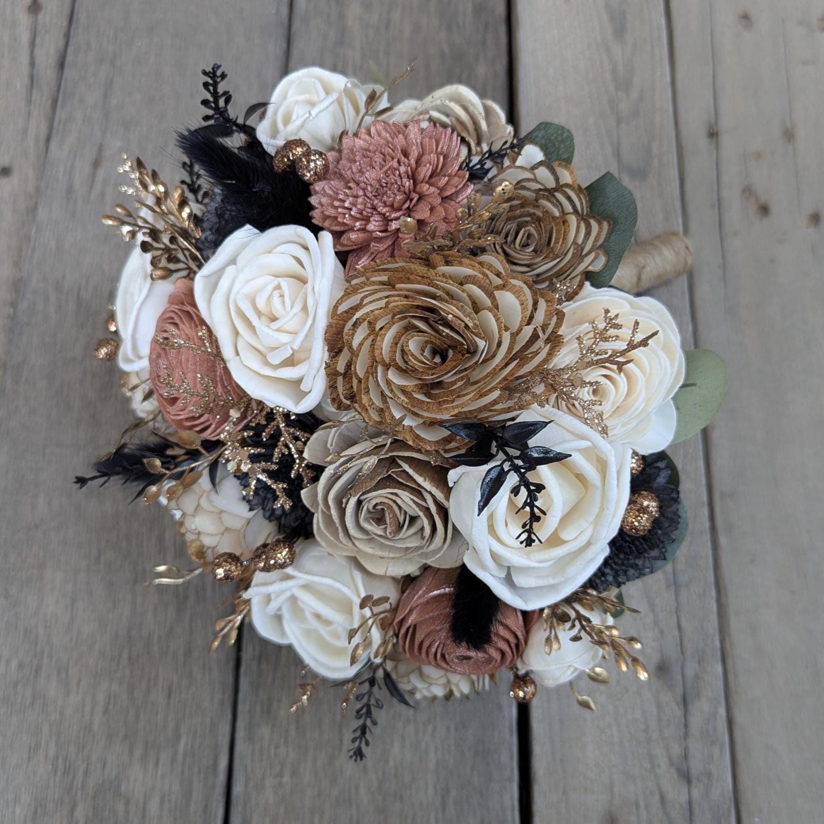 Rose Gold and Black Wedding Bouquet, Wood Flower Bouquet, New Years Wedding Flowers, Glitter Bouquet, Sola Wood Flowers Bridal Bouquet