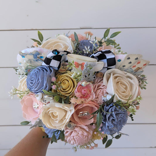 Alice Inspired Wood Flower Bouquet with Mouse Ears, Magical Bridal Bouquet Wedding Keepsake, Sola Wood Flowers Fake Bouquet