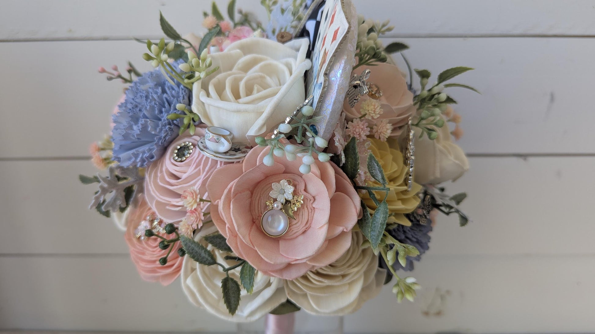 Alice Inspired Wood Flower Bouquet with Mouse Ears, Magical Bridal Bouquet Wedding Keepsake, Sola Wood Flowers Fake Bouquet
