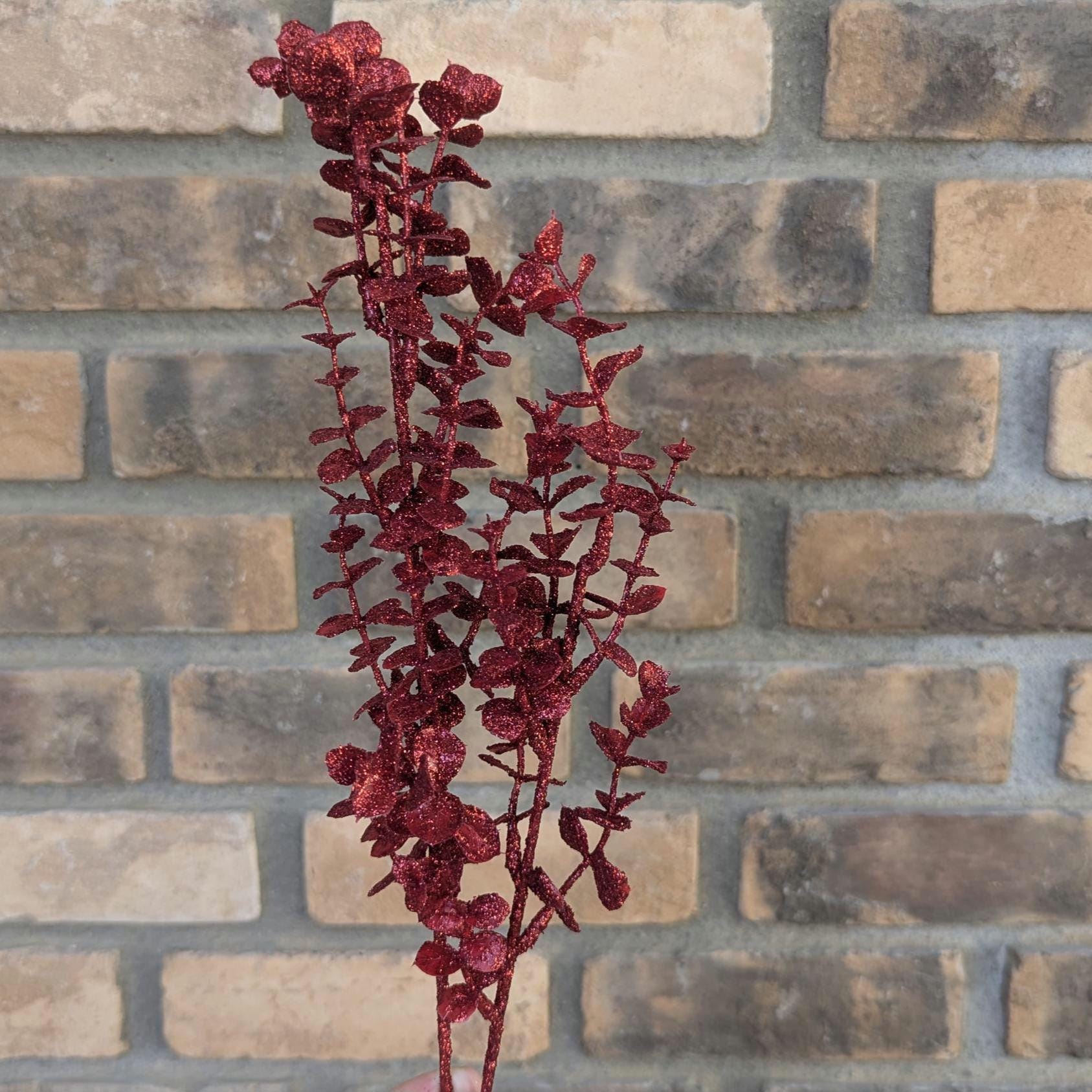 NEW Red Glitter Eucalyptus Stem, Artificial Red Eucalyptus for Crafting, Christmas Decor