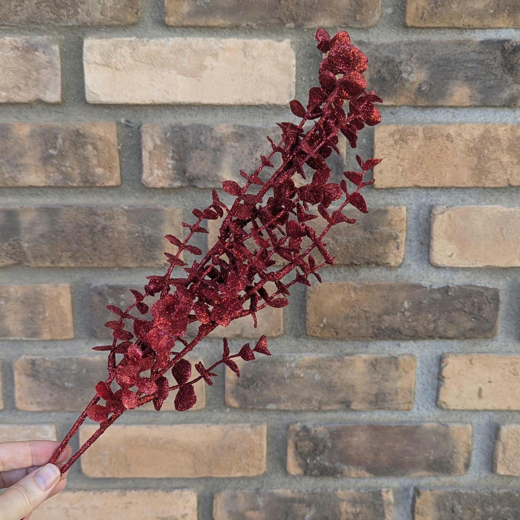 NEW Red Glitter Eucalyptus Stem, Artificial Red Eucalyptus for Crafting, Christmas Decor