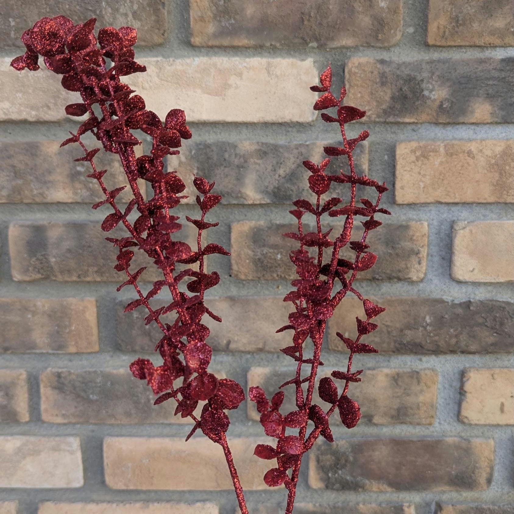 NEW Red Glitter Eucalyptus Stem, Artificial Red Eucalyptus for Crafting, Christmas Decor