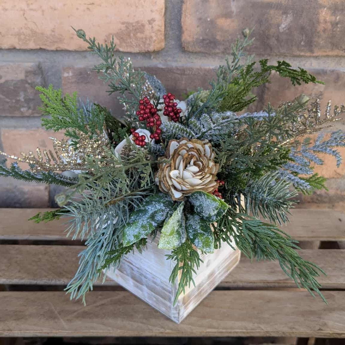 Christmas Centerpiece Box with Wood Flowers, Holiday Floral Arrangement, Holiday Centerpiece, Christmas Home Decor, Holiday Party Gift