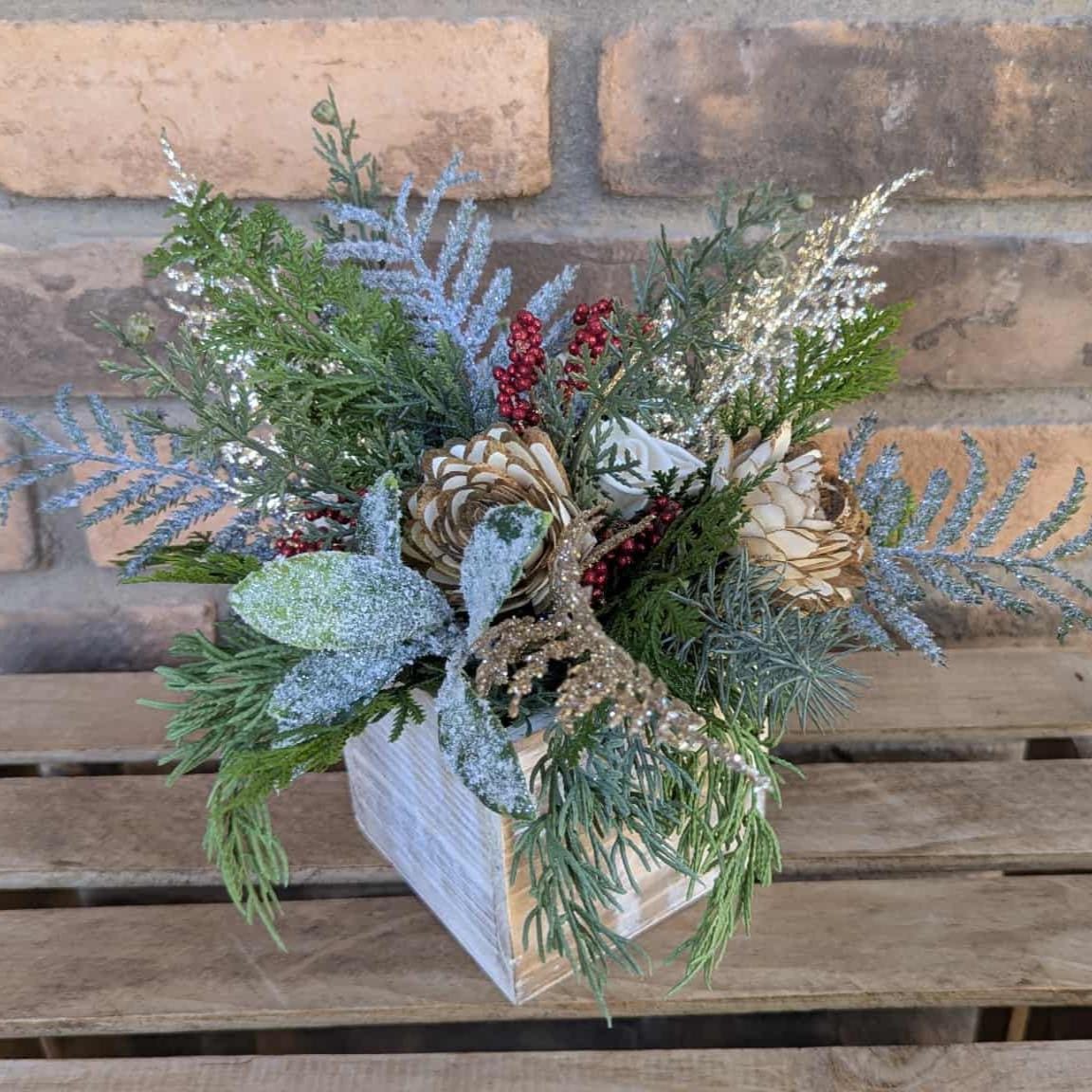 Christmas Centerpiece Box with Wood Flowers, Holiday Floral Arrangement, Holiday Centerpiece, Christmas Home Decor, Holiday Party Gift