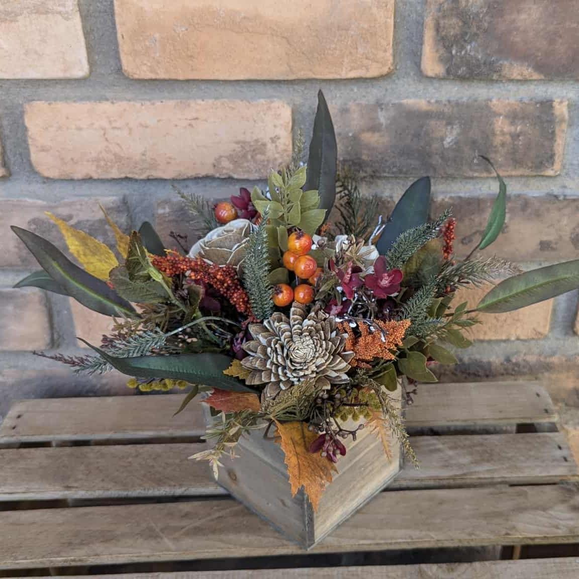 Fall Centerpiece for Thanksgiving Table, Fall Floral Arrangement, Thanksgiving Centerpiece, Fall Home Decor, Wood Flower Centerpiece Box