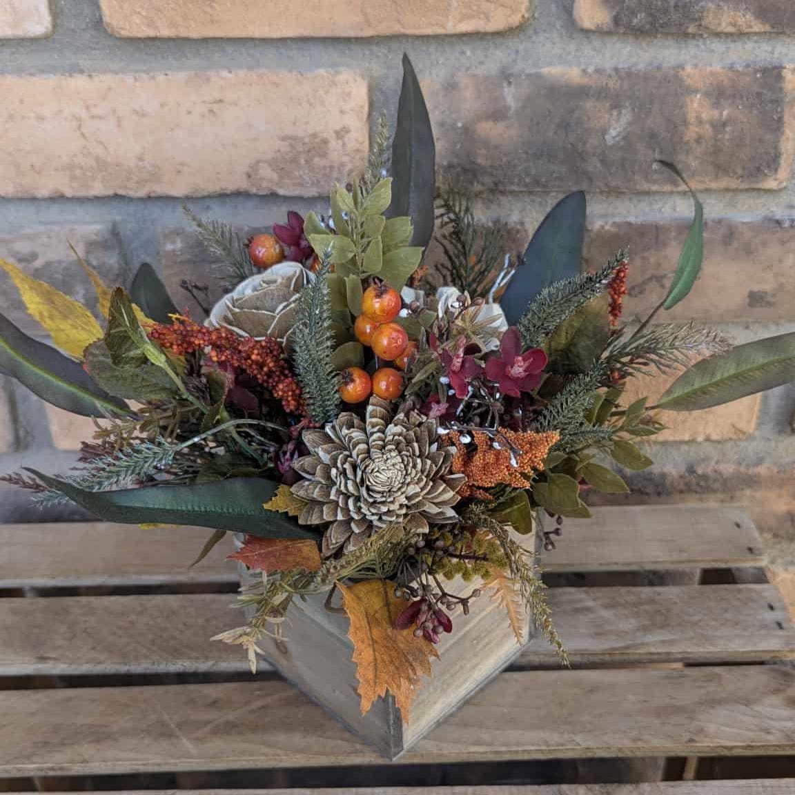 Fall Centerpiece for Thanksgiving Table, Fall Floral Arrangement, Thanksgiving Centerpiece, Fall Home Decor, Wood Flower Centerpiece Box