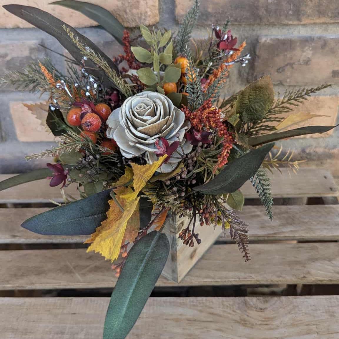 Fall Centerpiece for Thanksgiving Table, Fall Floral Arrangement, Thanksgiving Centerpiece, Fall Home Decor, Wood Flower Centerpiece Box