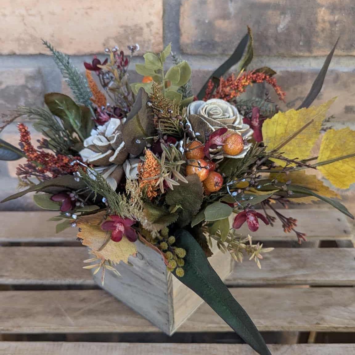 Fall Centerpiece for Thanksgiving Table, Fall Floral Arrangement, Thanksgiving Centerpiece, Fall Home Decor, Wood Flower Centerpiece Box