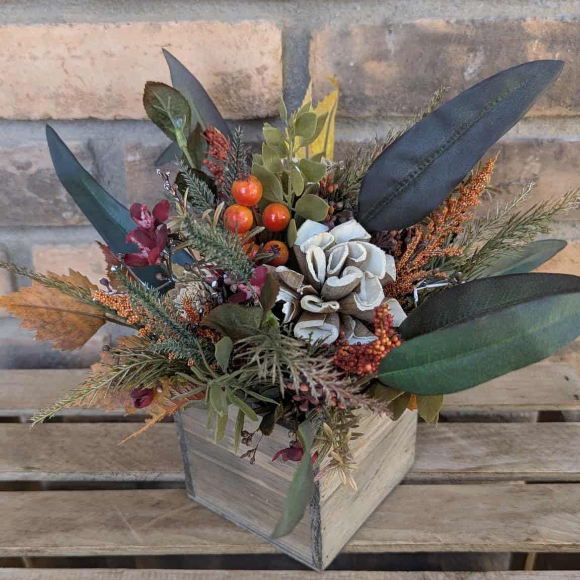 Fall Centerpiece for Thanksgiving Table, Fall Floral Arrangement, Thanksgiving Centerpiece, Fall Home Decor, Wood Flower Centerpiece Box