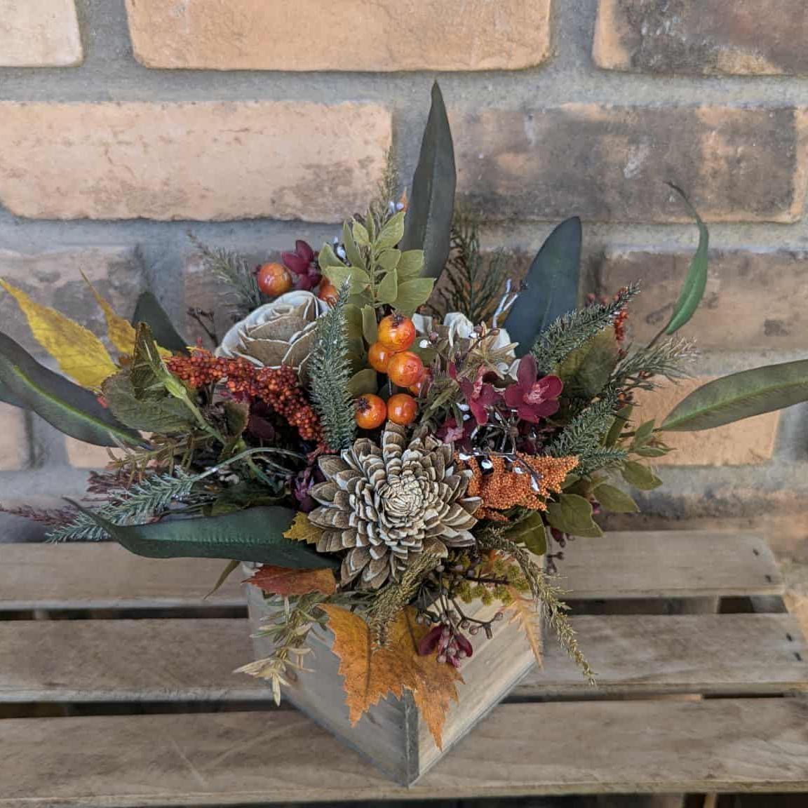 Fall Centerpiece for Thanksgiving Table, Fall Floral Arrangement, Thanksgiving Centerpiece, Fall Home Decor, Wood Flower Centerpiece Box