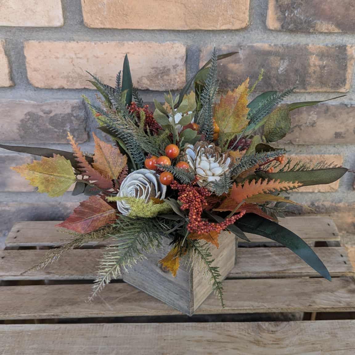 Fall Centerpiece for Thanksgiving Table, Fall Floral Arrangement, Thanksgiving Centerpiece, Fall Home Decor, Wood Flower Centerpiece Box