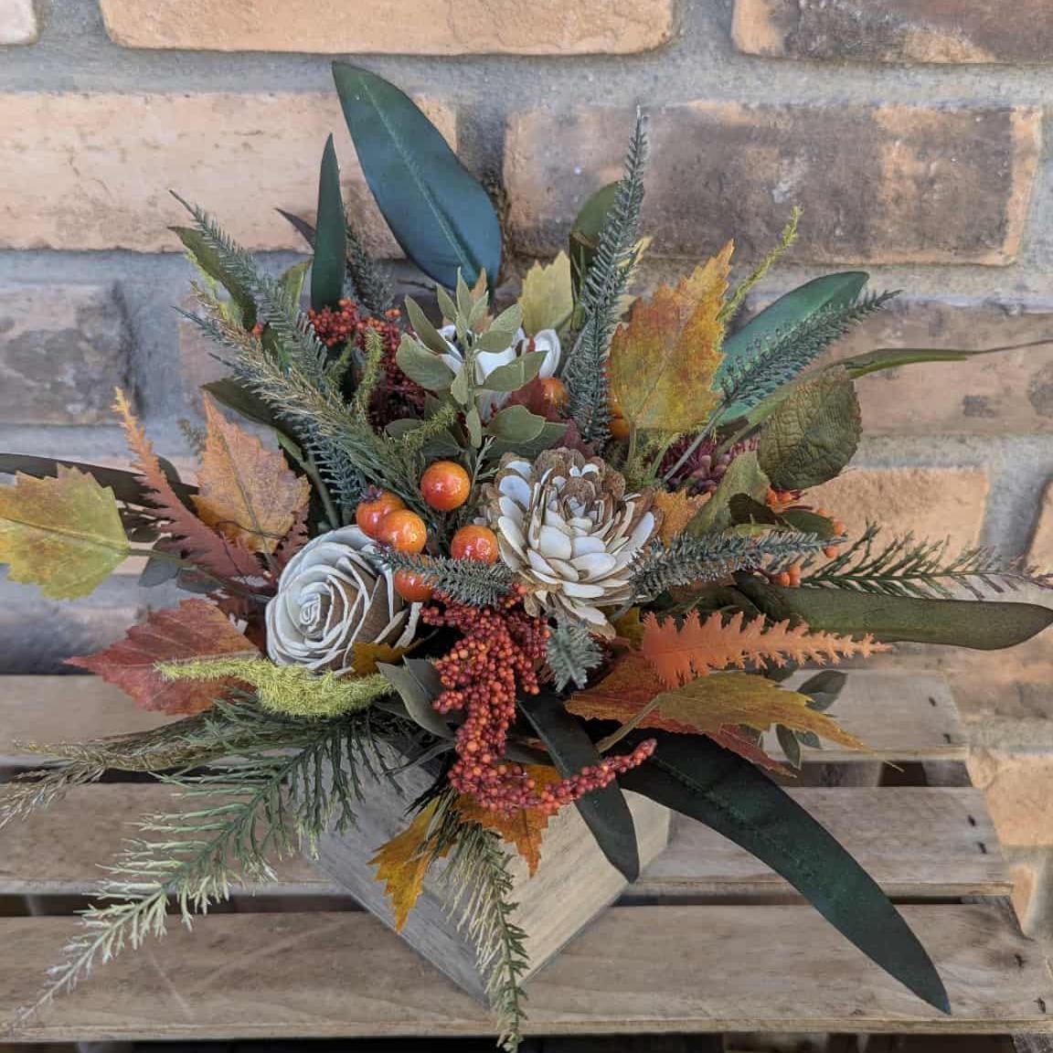 Fall Centerpiece for Thanksgiving Table, Fall Floral Arrangement, Thanksgiving Centerpiece, Fall Home Decor, Wood Flower Centerpiece Box