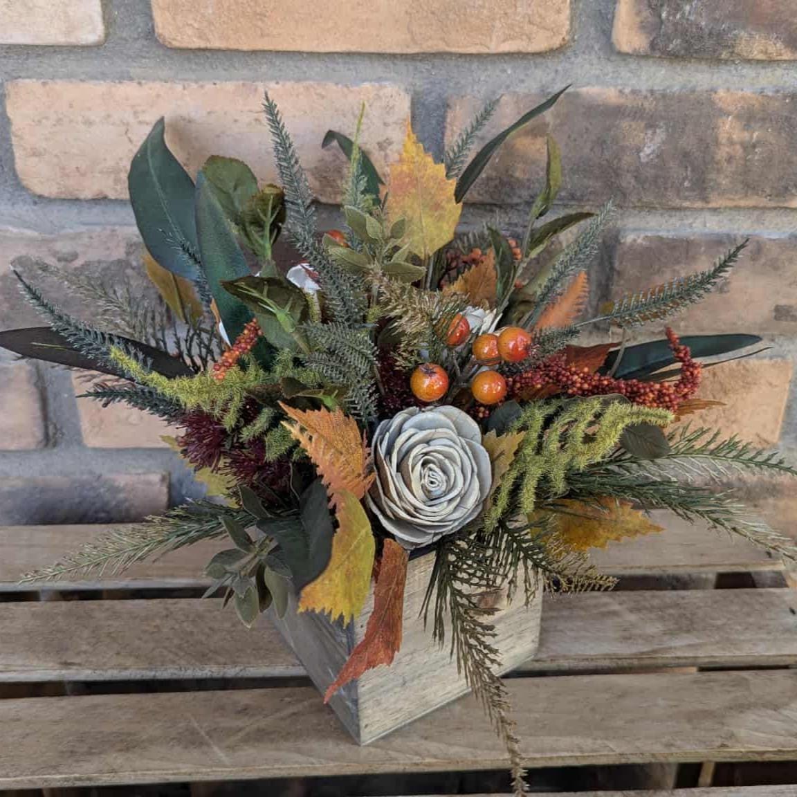 Fall Centerpiece for Thanksgiving Table, Fall Floral Arrangement, Thanksgiving Centerpiece, Fall Home Decor, Wood Flower Centerpiece Box