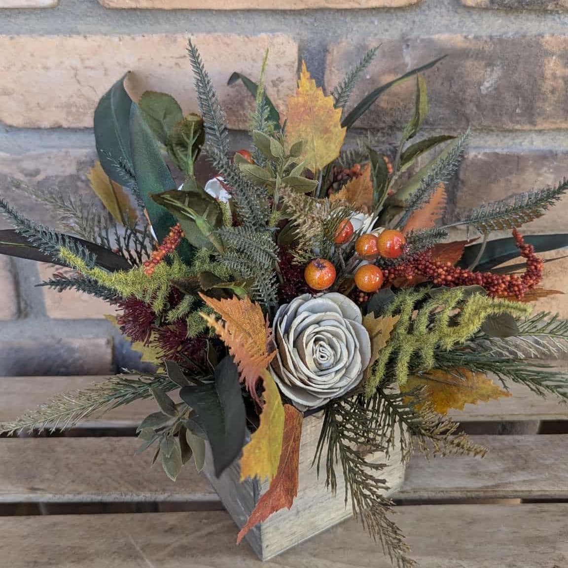 Fall Centerpiece for Thanksgiving Table, Fall Floral Arrangement, Thanksgiving Centerpiece, Fall Home Decor, Wood Flower Centerpiece Box
